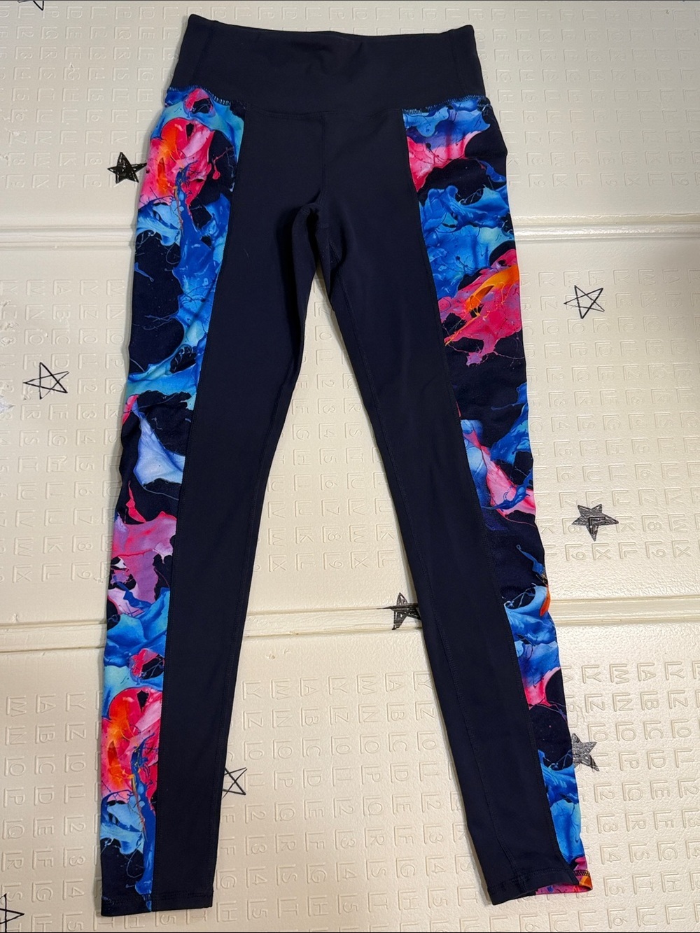 Athleta Navy Leggings with Bright Multicolor Side Panels